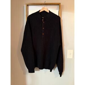 Orvis men’s black 100% wool button mockneck waffle knit sweater size large